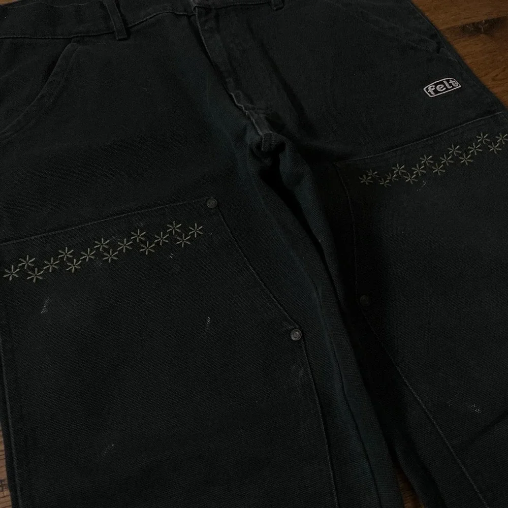 Felt Carpenter Jeans Mens 33x29 Black Streetwear Floral Double Knee Canvas